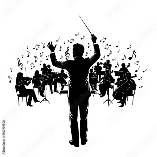 Conductor leading an orchestra performance.