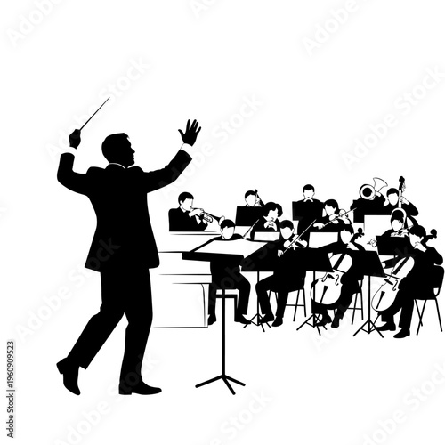 conductor leading orchestra on stage.