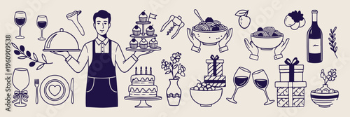 vintage wedding cake and gift doodles, hand drawn multi tier dessert, set of simple blue line art party icons, classic celebration sketches, wedding reception graphics, vector decorative elements, ret