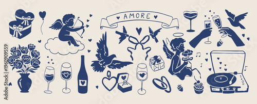 vintage romantic dove and floral doodles, set of hand drawn amore letters, simple blue line art heart icons, ribbon and flower sketches, classic love illustrations, wedding and anniversary graphics, 