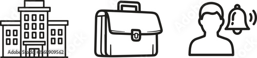 Business icons, office symbols, building, briefcase, notification, simple line style