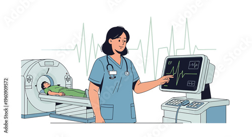 Doctor monitoring patient undergoing CT scan with vital signs display