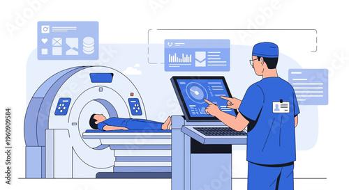 Doctor Operating Advanced CT Scanner with Patient Inside for Medical Imaging