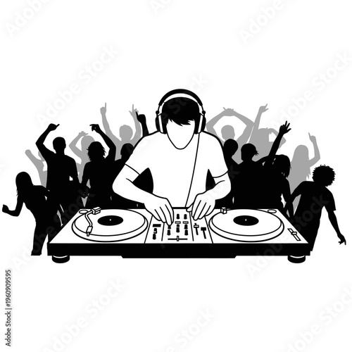 DJ wearing headphones playing turntables.