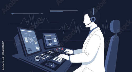 Doctor in control room with medical monitors and waveforms, advanced medical technology