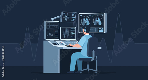 Doctor in control room analyzing medical scans on multiple monitors, futuristic medical technology