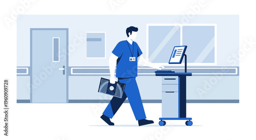Doctor in hospital hallway with medical equipment and patient chart