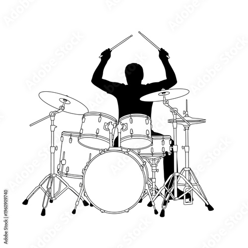 Man Playing Drums Energetically with Sticks.