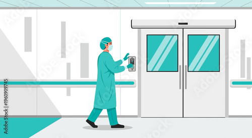 Doctor in PPE entering hospital room with automatic doors and scanner