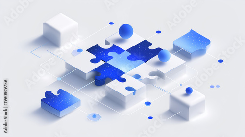 high-end isometric puzzle collaboration concept for business SaaS, futuristic digital teamwork and solution integration illustration