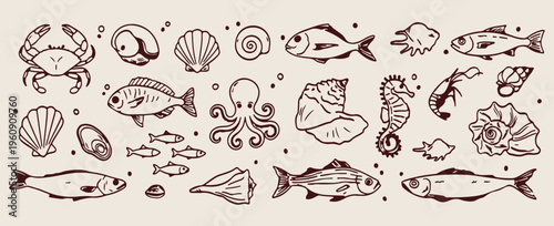  vintage sea food doodles, hand drawn ocean life, fish and octopus icons, shellfish and lobster set, marine animals art, blue line art, set of kitchen elements

