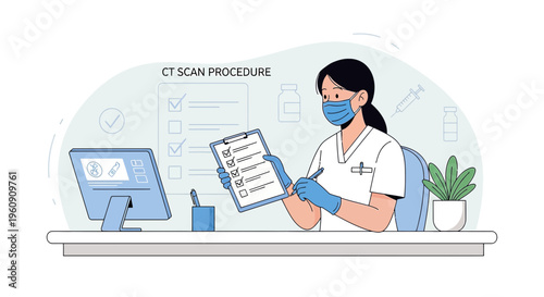 Doctor in mask checks CT scan procedure checklist on clipboard, medical office setting