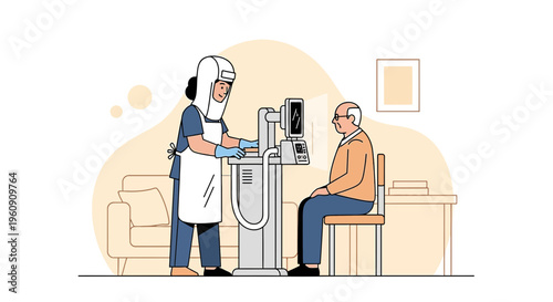 Doctor in protective gear operating medical scanner on elderly patient in clinic