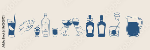  set of vintage drinking icons, hand drawn cocktail and liquor bottles, simple blue line art glassware, home bar elements, happy hour doodles, restaurant and cafe graphics, vector party sketches

