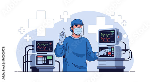 Doctor in protective gear with medical monitors and crosses, healthcare concept
