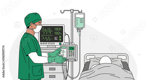 Doctor in scrubs and mask monitors patient in ICU with vital signs monitor and IV drip