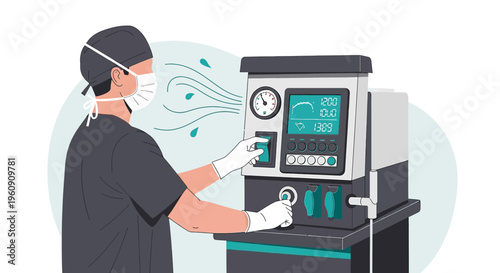Doctor in mask and gloves operating anesthesia machine in hospital operating room