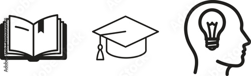 Education icons, learning symbols, book, graduation cap, light bulb head, educational vector graphics