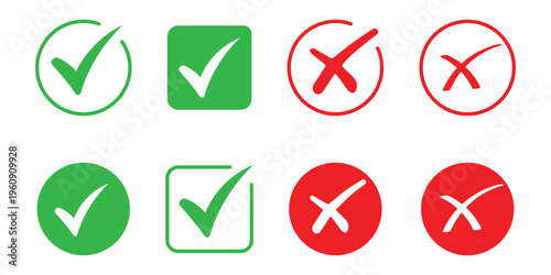Check box icon with right and wrong button icon vector illustration. Hand drawn checkmark illustration. green tick box and red cross. Editable stroke.