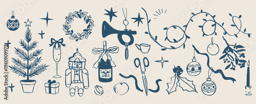 retro christmas doodle set, hand drawn holiday elements, festive line art, winter season clip art, classic star and holly, vector x-mas icons, blue line art
