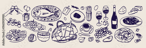 vintage breakfast food doodle, hand drawn brunch menu, bacon eggs and toast, breakfast icons, cafe meal illustration, blue line art, set of kitchen elements
