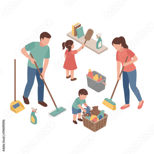 Family cleaning together at home with brooms and supplies