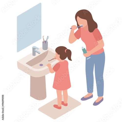 A woman and a girl are brushing their teeth in a bathroom