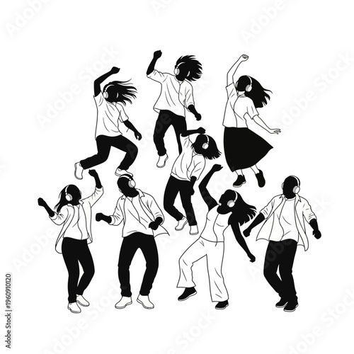 People dancing in joyful energetic movements.