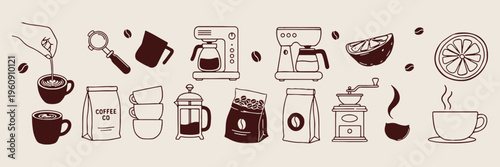 coffee machine icon set, vintage hand drawn brewers, coffee bag doodles, french press illustrations, cafe culture elements, retro line art, kitchen appliance clip art

