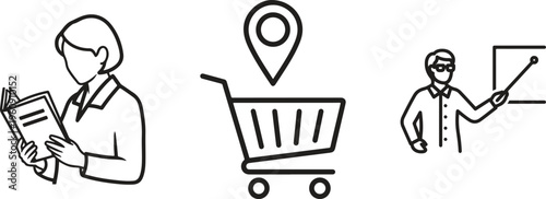 Business icons, commercial vector graphics, shopping cart, location pin, people at work