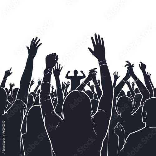 People raising hands in celebration crowd.