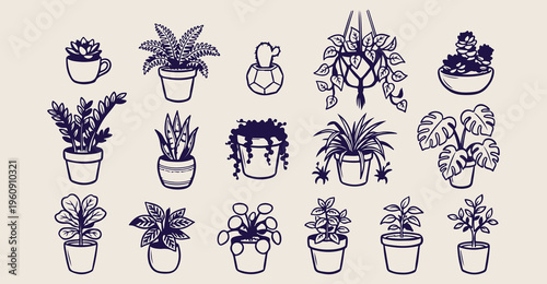 Modern plant nursery doodles, hand drawn succulent sketches, organic garden center icons, green thumb lifestyle elements, whimsical watering can clip art, backyard planting sticker set, botanical stud