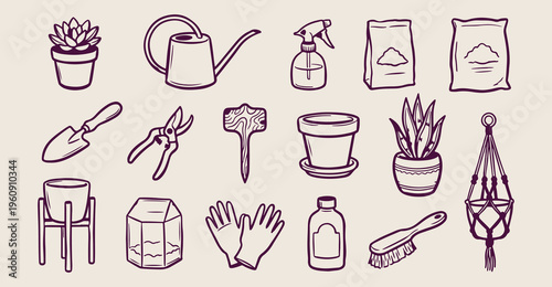 Indoor plant care doodles, hand drawn houseplant sketches, urban jungle lifestyle icons, botanical home decor elements, whimsical flower pot clip art, gardening hobby sticker set, eco friendly interio