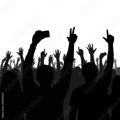 People raising hands in concert crowd.