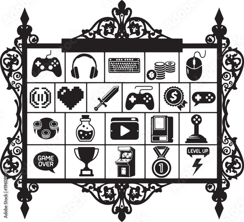 Black silhouette gaming arranged in ornate frame with decorative games black and white controllers