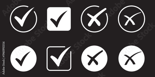 Check box icon with right and wrong button icon vector illustration. Hand drawn checkmark illustration. green tick box and red cross. Editable stroke.