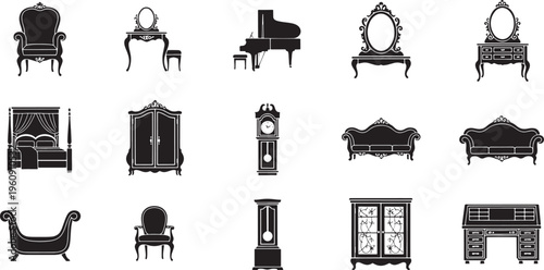Collection of antique furniture silhouettes including chairs sofas and pianos armchair