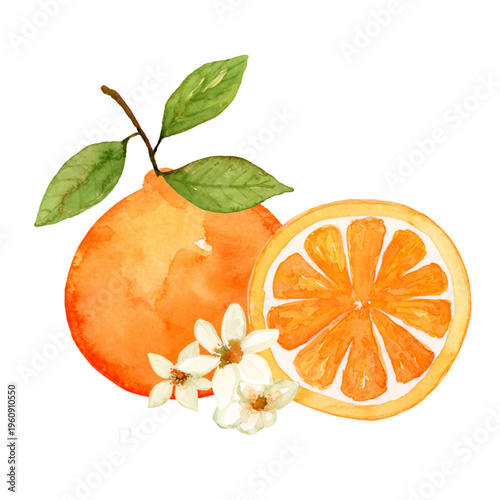 Fresh orange fruit with a juicy wedge and green leaves, vibrant and natural