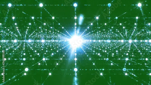 Abstract Digital Network Grid of Glowing Particles with Pulsing Light on a Green Background Loop