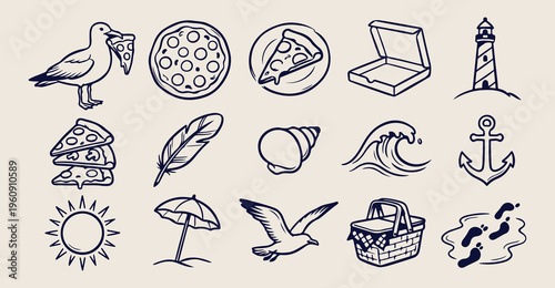 Italian pizza restaurant doodles, hand drawn slice and pie, pizzeria takeout box sketches, mediterranen herb spice icons, casual dinner meal elements, olive oil and garlic, pizza night sticker set