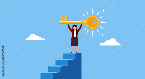 A businesswoman in a red jacket stands triumphantly atop a flight of blue stairs, holding a massive, brightly glowing golden key high above her head against a serene light blue sky with bright clouds