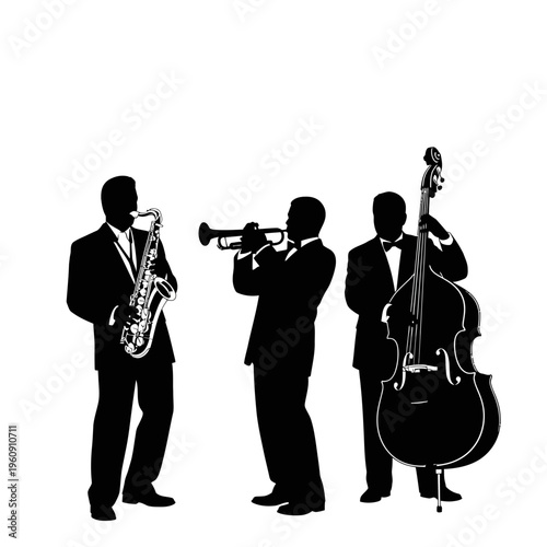 Silhouette of musicians playing instruments together.
