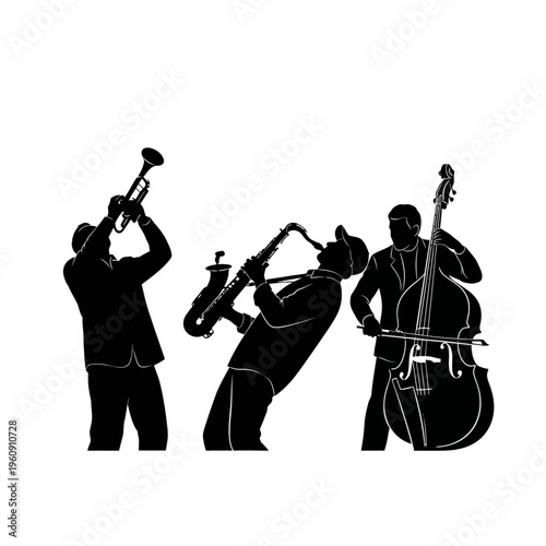 Silhouette of musicians playing instruments together.