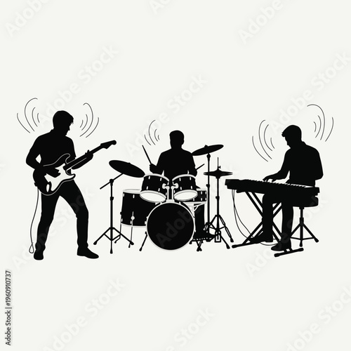 Silhouette of musicians playing instruments together.