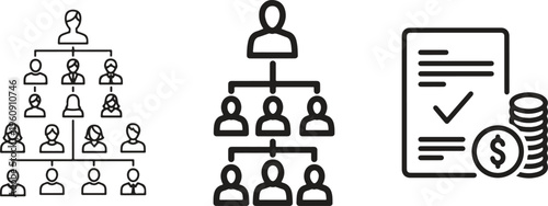 Business organization charts, company structure icons, hierarchy, management, finance symbols