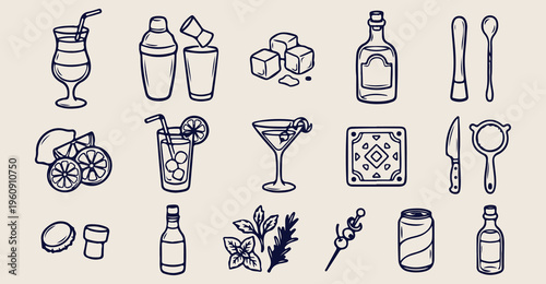 Tropical cocktail drink doodles, hand drawn bar menu sketches, happy hour party icons, summer beverage refreshment elements, whimsical glass and ice clip art, beach club sticker set, mixology lifestyl