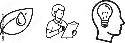 Eco-friendly business ideas, sustainable innovation, green technology, eco-conscious solutions, vector icons