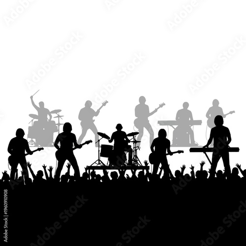 Silhouette of rock band performing live.