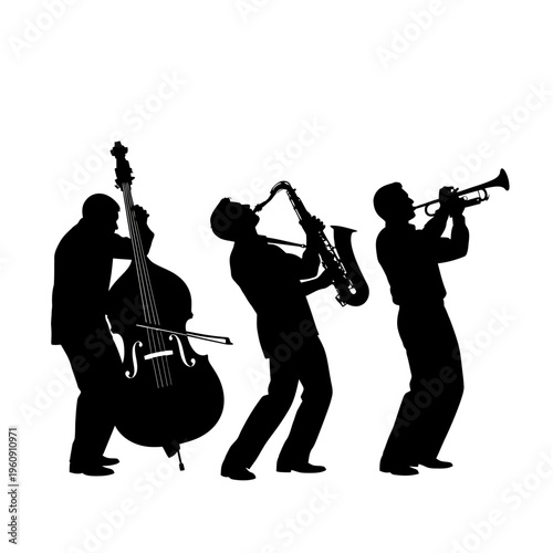Silhouettes of musicians playing instruments.