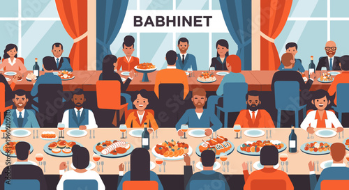 A formal banquet dinner with many people seated at long tables, enjoying a feast under a banner that reads "BABHINET".
